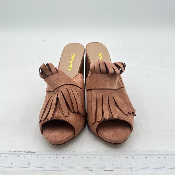 XYD Tan Open Toe Mules with Fringe High Chunky Heels Summer Slides Sandal - Picture 3 of 8